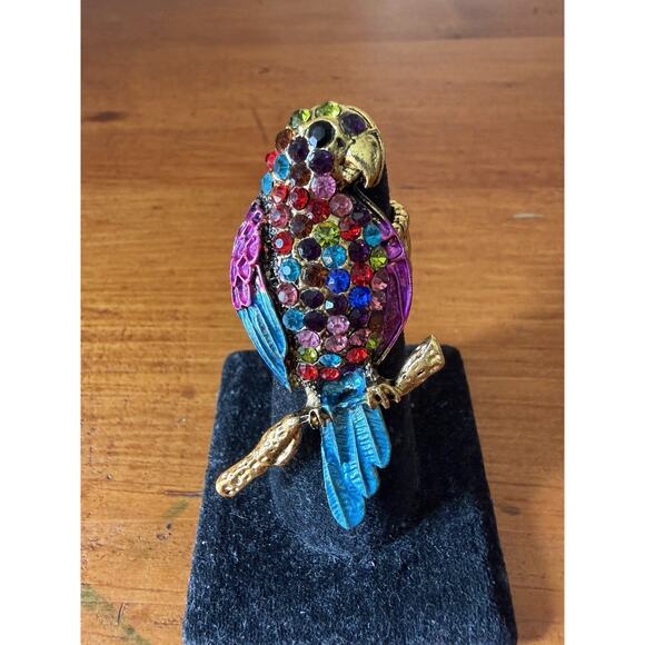 Colorful Parrot Stretch Ring Gold Tone Enamel Rhinestone Macaw Bird Size 7-8 - Picture 2 of 13